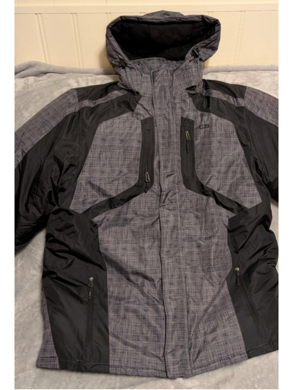 Men's CB Ski Snowboard Jacket Size XL Grey Black Removable Hood Liner ME9